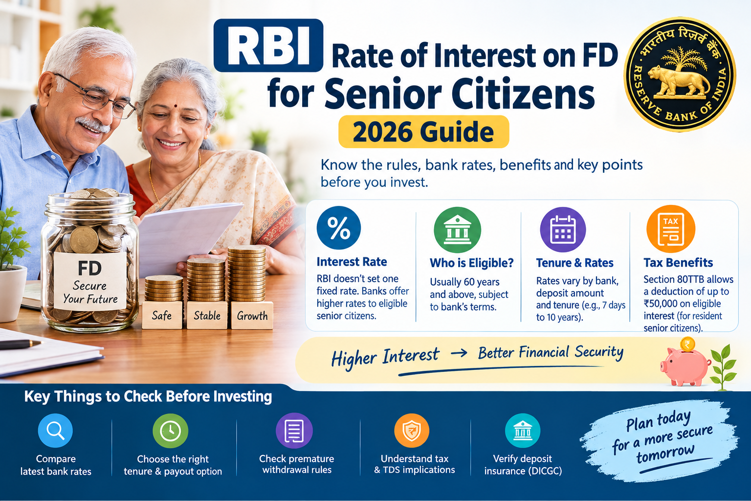 RBI rate of interest on fixed deposits for senior citizens in 2026, featuring a senior couple, savings and FD symbols, RBI emblem, eligibility, tenure, interest rates, tax benefits, and key investment considerations.
